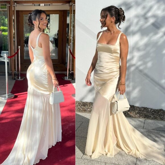 House of CB Dresses & Skirts - House of CB Vittoria Maxi Gown Champagne Ivory Chiffon Satin Floor Length Size M